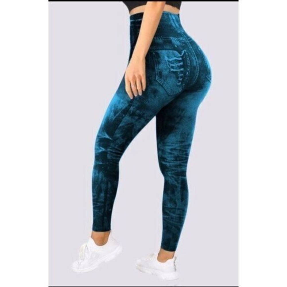 Flamingo Jeggings Denim-Print Seamless High Waisted Distressed Sz XL‎